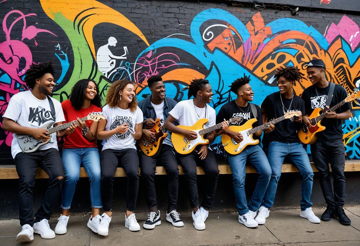 A vibrant scene depicting a diverse group of young people immersed in a dynamic musical environment, surrounded by innovative musical instruments and technology. The background features colorful graffiti art symbolizing youth culture, while the individuals express joy and connection through music. Capture the energy and creativity of youth culture as they share musical experiences, emphasizing a sense of belonging. vibrant colors. street art style. dynamic composition.