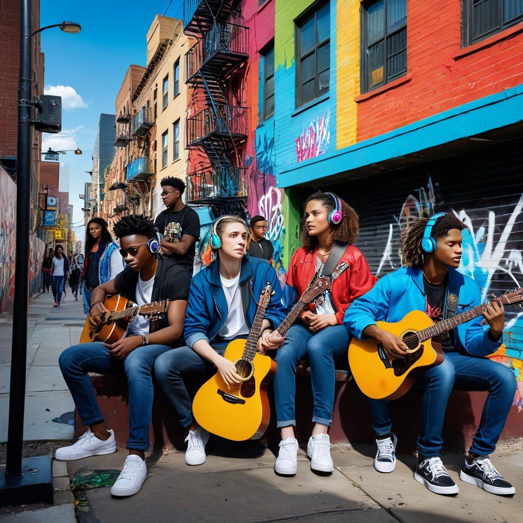 A vibrant scene featuring a diverse group of young people, deeply engaged in various musical activities, showcasing elements from different lifestyles. Include musical instruments, headphones, and a colorful urban backdrop to reflect the fusion of music and youth culture. The characters should express emotions ranging from joy to contemplation, symbolizing the journey through sadness and harmony. Incorporate bold colors and dynamic poses to enhance the energy. super-realistic. vibrant colors. urban setting.