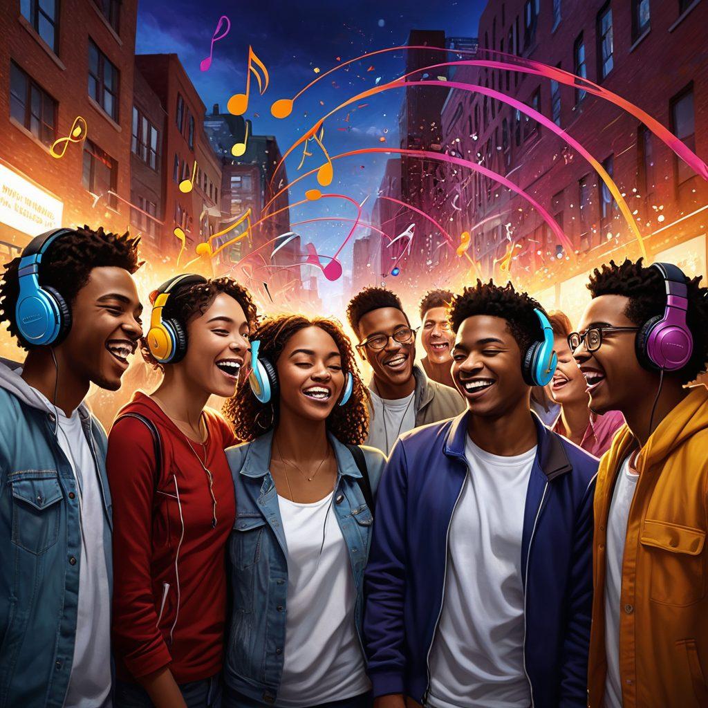 A group of diverse young people sharing headphones, immersed in music, with vibrant sound waves visually flowing around them, symbolizing connection and transformation. In the background, urban art and musical notes intertwine, representing community engagement through creativity. The scene should evoke emotions of joy and collective energy, with a splash of color to reflect musical innovation. super-realistic. vibrant colors. urban aesthetic.